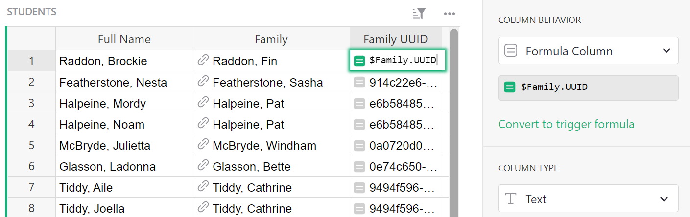 Utiliser des colonnes de référence pour récupérer l'UUID