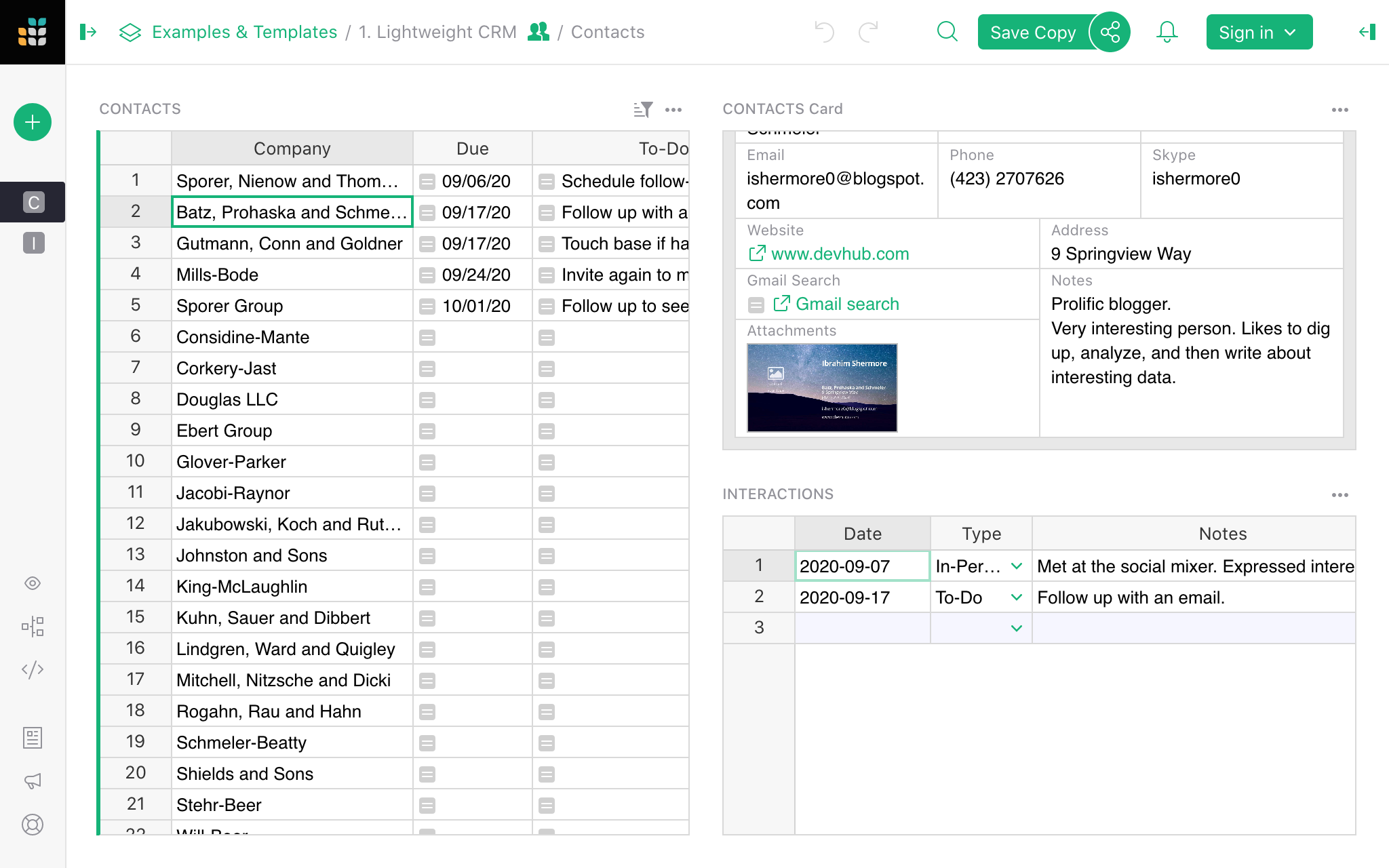 The contact details are displayed in a card widget, making it easy to read and edit. It changes as soon as you click on a contact in the main list.